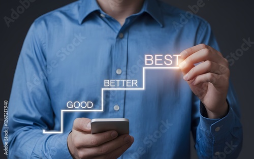 Businessman Achieving Best Results Better Good Progress Steps Modern Technology Digital Marketing Improvement Concept Strategic Planning Growth Success Future Vision Innovation Development            