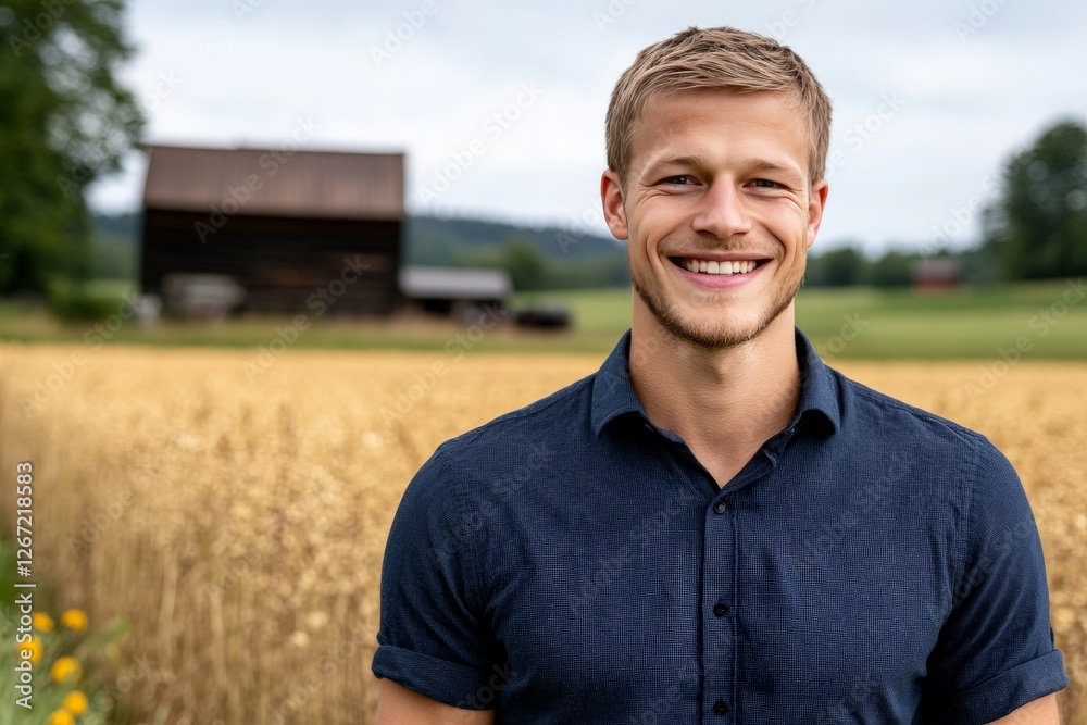 Smiling young man in casual navy blue polo shirt standing in wheat field near rustic barn summer rural lifestyle natural sunlight warm countryside scenery cheerful portrait with nature backdrop Smiling young man in casual navy blue polo shirt standing in wheat field near rustic barn summer rural lifestyle natural sunlight warm countryside scenery cheerful portrait with nature backdrop