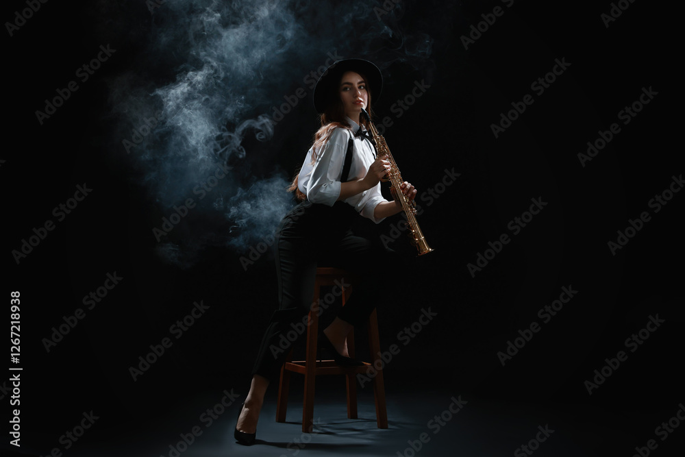 Musician playing soprano saxophone on dark background with smoke Musician playing soprano saxophone on dark background with smoke