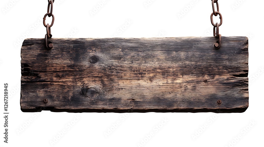 An old wooden sign hanging on chains, isolated against a white background. An old wooden sign hanging on chains, isolated against a white background.