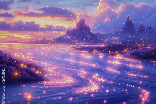 Magical twilight over shimmering waters and mystical mountains in a vibrant landscape. Generative AI