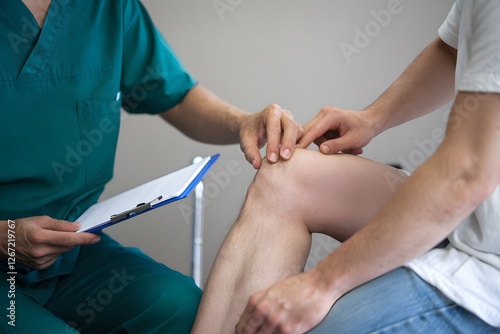 Doctor Examining Patient Knee Joint Pain Medical Healthcare Professional Checkup Physical Therapy Examination Clinic Visit Health Diagnosis Injury Treatment Assessment Consultation Medical Service leg