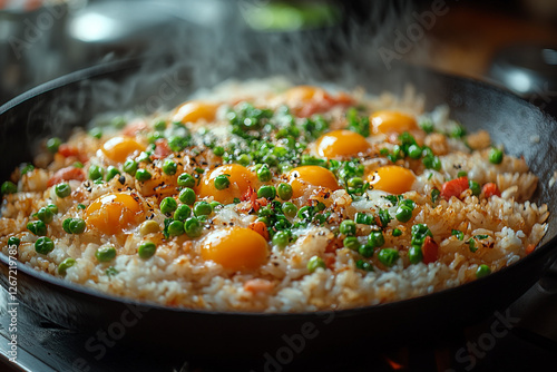 Steaming rice dish garnished with golden yolks and fresh green peas