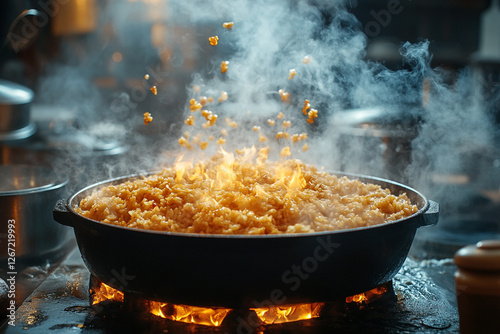 Flaming Fried Rice, Culinary Artistry in Motion with Aromas Evoking Flavor