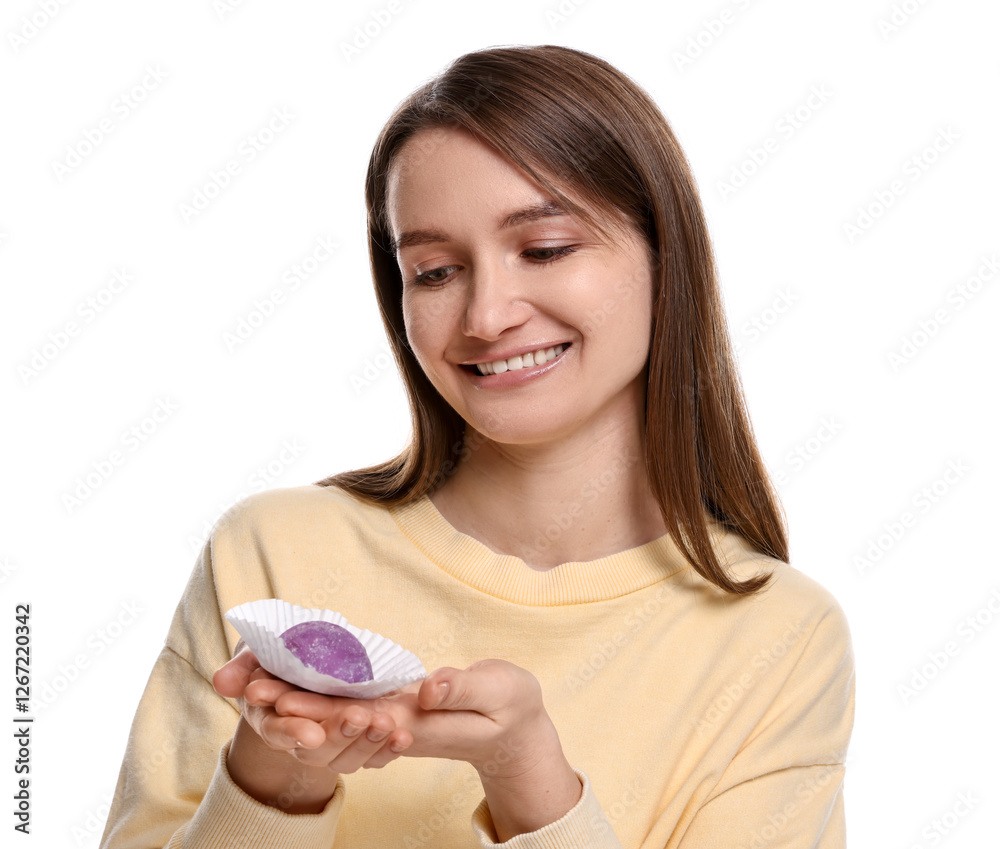 Woman with tasty mochi on white background Woman with tasty mochi on white background