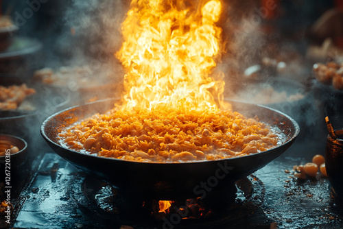 Fiery culinary spectacle , wok cooking engulfed in brilliant flames