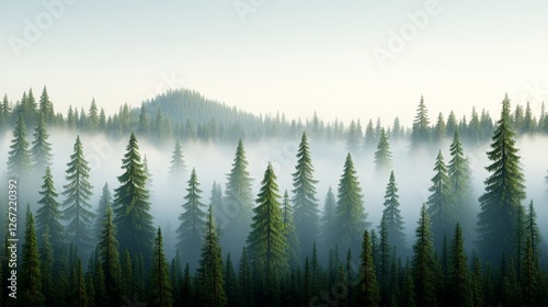 Misty evergreen forest landscape with rolling hills in soft morning light evoking tranquility untouched wilderness and peaceful nature scenery