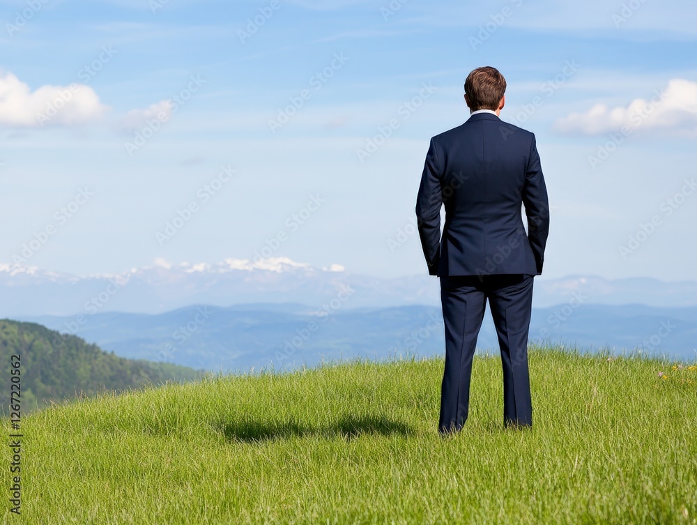 Businessman in formal suit standing on grassy hill overlooking vast mountain range symbolizing leadership career growth and strategic vision Businessman in formal suit standing on grassy hill overlooking vast mountain range symbolizing leadership career growth and strategic vision
