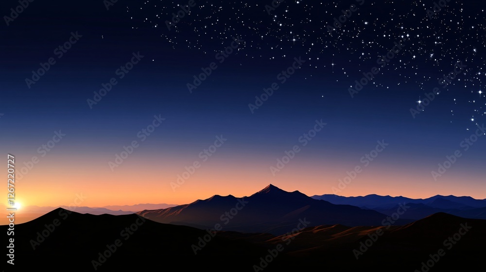 Starry sky over mountain silhouettes at dawn with orange horizon glow. Starry sky over mountain silhouettes at dawn with orange horizon glow.