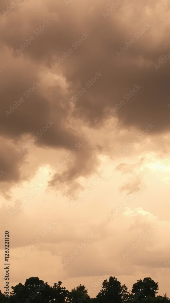 Beige cloudy sky with dark brown stormy clouds and black trees on the horizon, weather, stormy, rainy Beige cloudy sky with dark brown stormy clouds and black trees on the horizon, weather, stormy, rainy