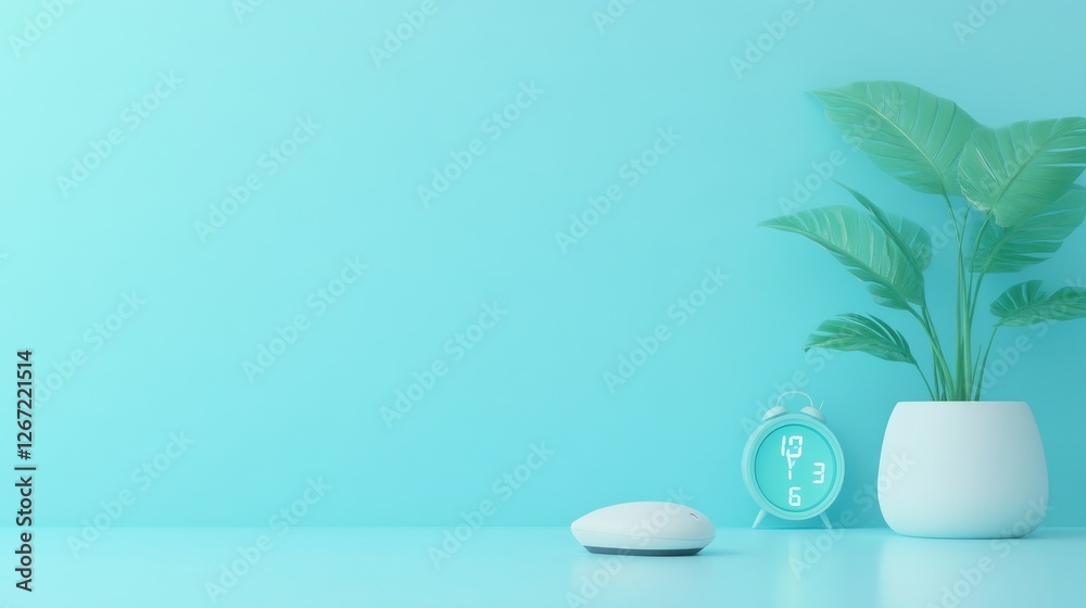 A modern office desk featuring a small potted plant, wireless mouse, and a digital clock on a pastel blue background. A modern office desk featuring a small potted plant, wireless mouse, and a digital clock on a pastel blue background.