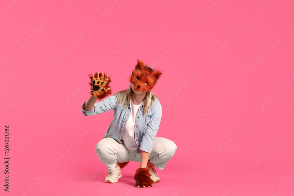 Quadrobics. Woman wearing fox mask and gloves pink background Quadrobics. Woman wearing fox mask and gloves pink background
