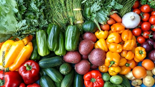 Fresh colorful vegetables arranged on a market table