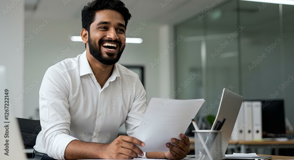 Businessman in White Shirt Smiling with Papers