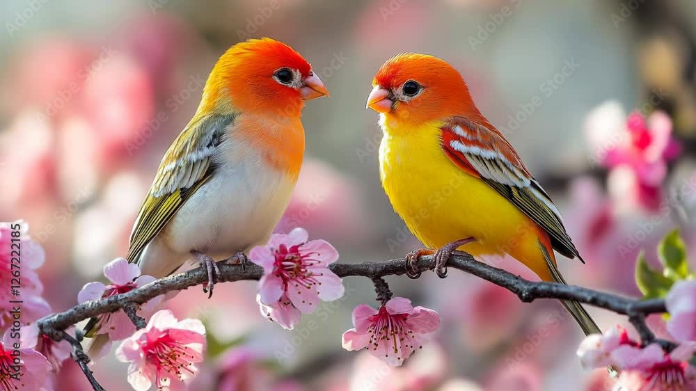 Two colorful birds perched on a flowering branch Two colorful birds perched on a flowering branch