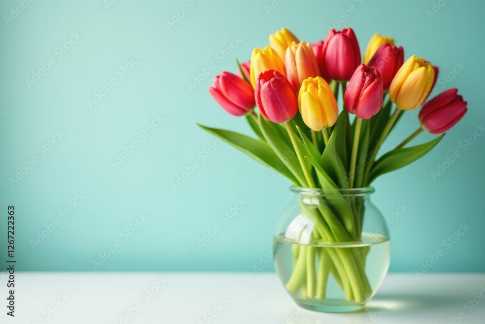 Brightly colored tulips in a modern clear glass vase, flowers, vases Brightly colored tulips in a modern clear glass vase, flowers, vases