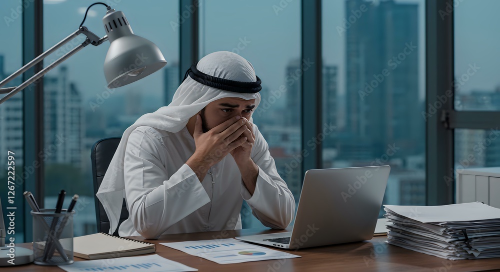Stressed Businessman in Traditional Attire at Modern Office with