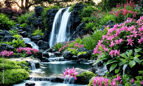 Serene Waterfall in a Japanese Garden with a Reflective Pond – Harmonious Sunrise Landscape for Relaxation and Meditation