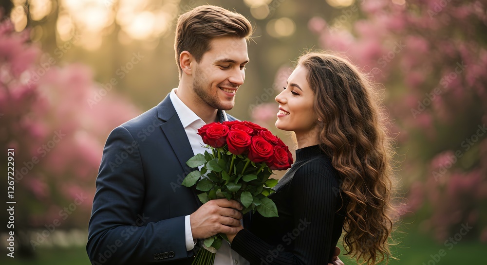 Romantic Couple with Red Roses in the Park