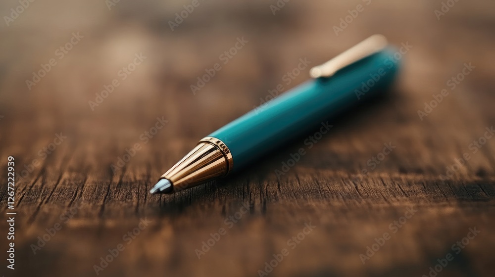 Elegant Teal Ballpoint Pen on Rustic Wooden Surface for Writing and Creativity Inspiration Elegant Teal Ballpoint Pen on Rustic Wooden Surface for Writing and Creativity Inspiration
