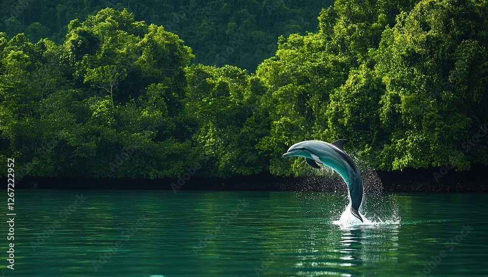 Dolphin Leaps Gracefully from Emerald Waters, Surrounded by Lush Green Mangrove Forest Dolphin Leaps Gracefully from Emerald Waters, Surrounded by Lush Green Mangrove Forest