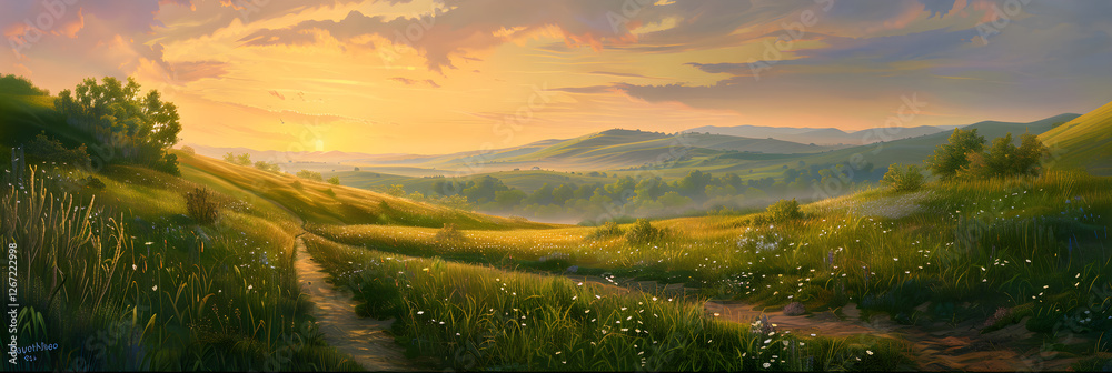 Obraz premium Ethereal Landscape with Rolling Hills and Sunset Glow