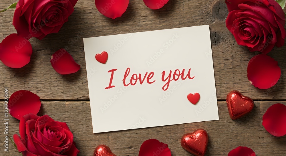 Romantic Love Message with Red Roses and Heart-Shaped Chocolates