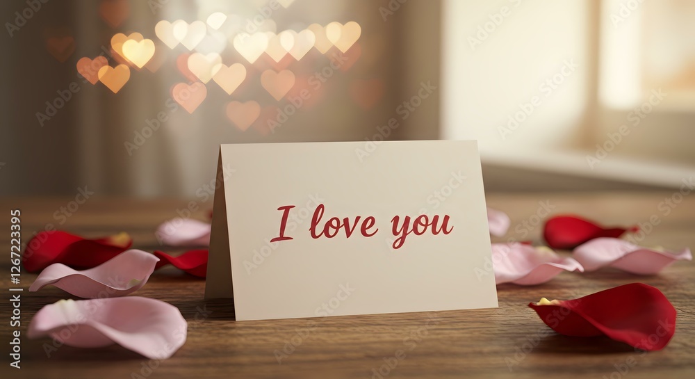 Romantic Love Message with Rose Petals and Heart Bokeh