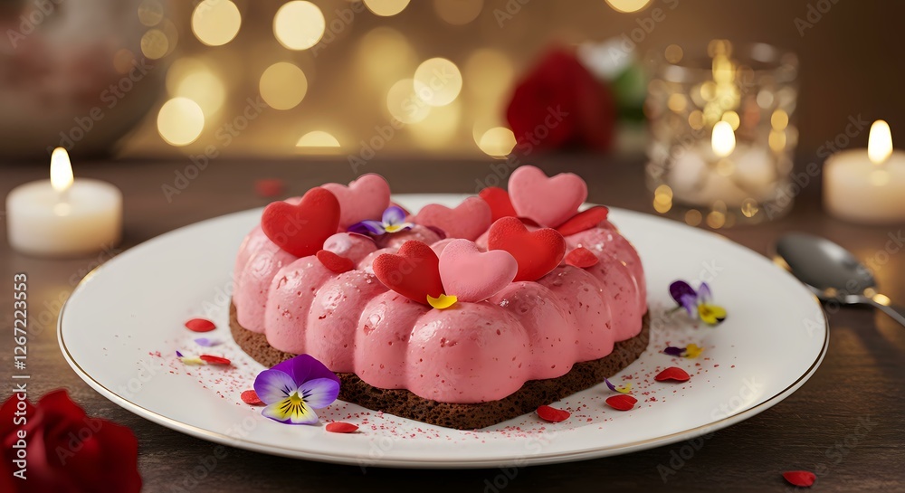 Valentine's Day Cake with Pink Frosting and Red Hearts