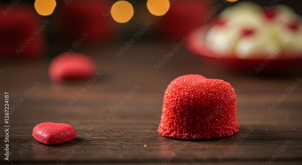 Red Heart-Shaped Candies on a Wooden Table with Fairy Lights