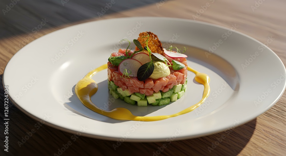 Salmon Avocado Tartare with Radish and Yellow Sauce