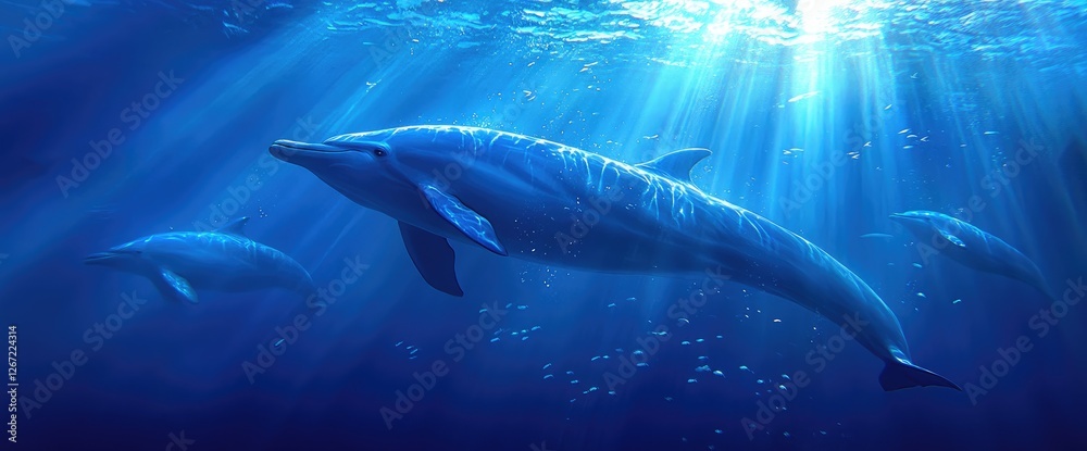 Fototapeta premium Dolphins swimming ocean sunlight peaceful underwater marine life