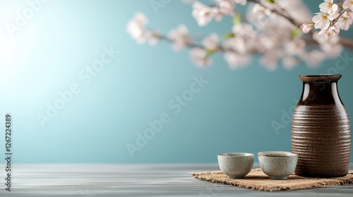 A cozy still life featuring an artistic tea set complemented by delicate blossoms, inviting warmth and relaxation, perfect for a calm tea-drinking experience in a peaceful setting.