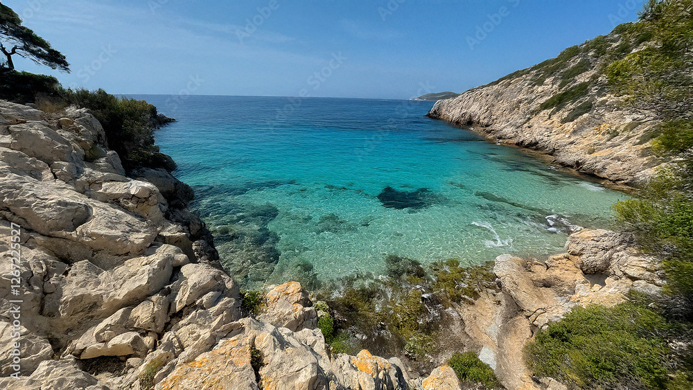 Aerial photography of a dramatic rocky cliffs with hidden sandy coves and turquoise Mediterranean waters Aerial photography of a dramatic rocky cliffs with hidden sandy coves and turquoise Mediterranean waters