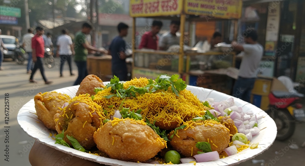 <Short Title> "Street Food Delight: Samosas with a Yellow Garnish