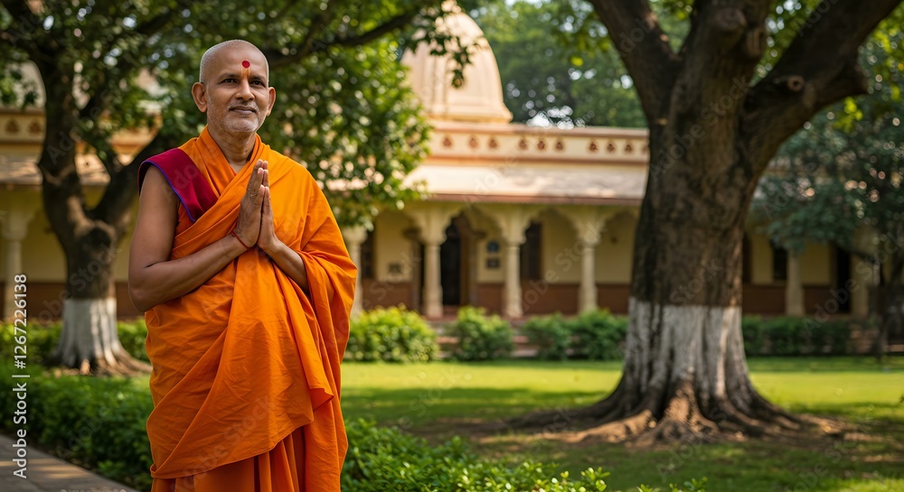 Monk in Orange Robe at Peaceful Temple Courtyard
