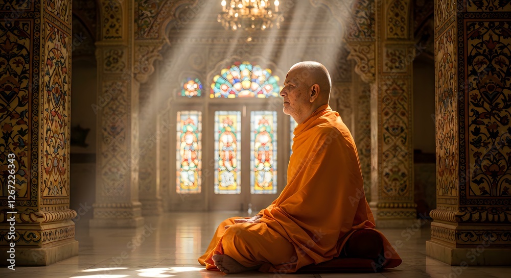 Monk in Meditation: Sunlight through Stained Glass Windows