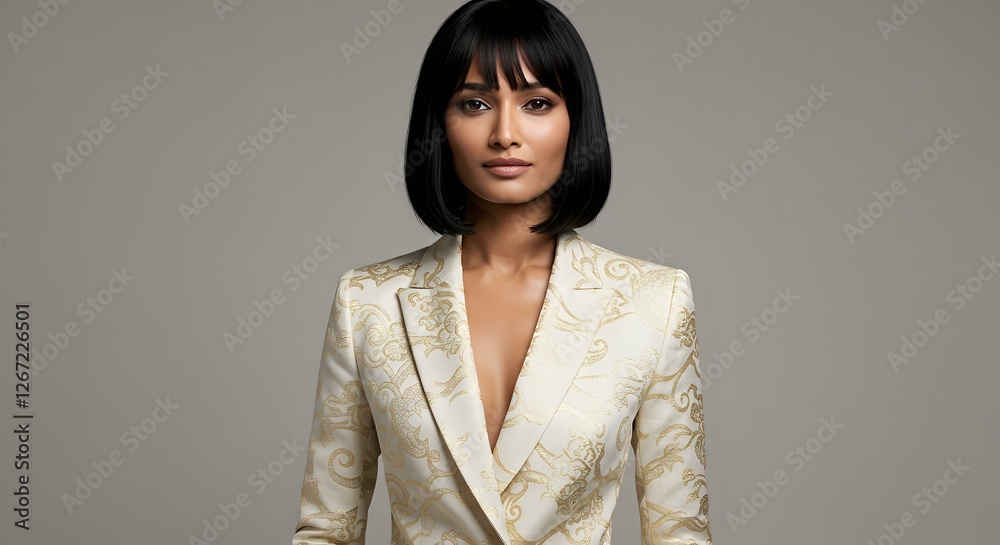 A Confident Woman in a Gold and White Patterned Blazer