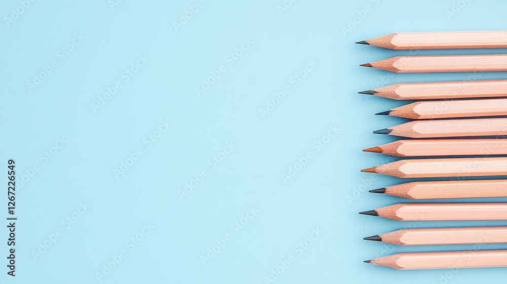 A set of sharpened pencils arranged neatly on a pastel blue background. A set of sharpened pencils arranged neatly on a pastel blue background.