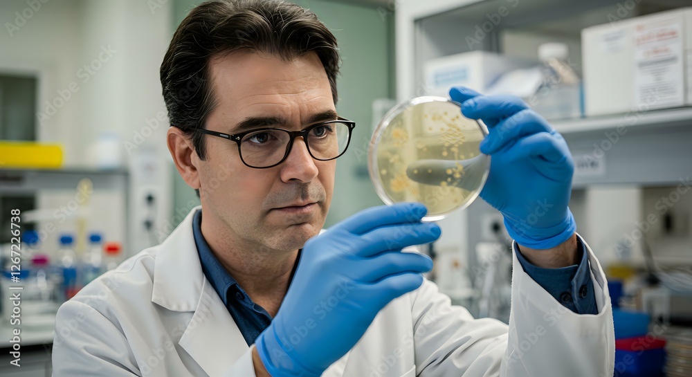 Scientist Examining Petri Dish in Laboratory