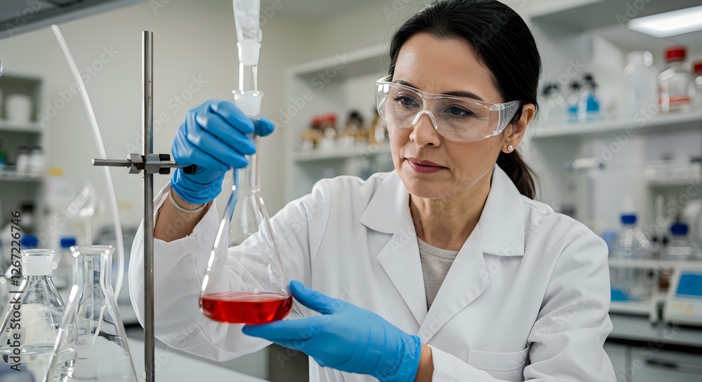 Scientific Research: A Female Scientist Examining Red Liquid