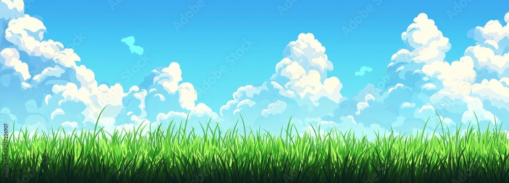 Bright blue sky with fluffy white clouds and lush green grass, representing a peaceful nature scene perfect for outdoor themes, relaxation, and serenity Bright blue sky with fluffy white clouds and lush green grass, representing a peaceful nature scene perfect for outdoor themes, relaxation, and serenity