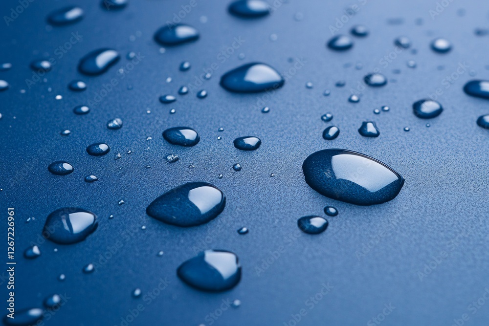 Close-up of water droplets on a smooth blue surface, showcasing reflections Close-up of water droplets on a smooth blue surface, showcasing reflections