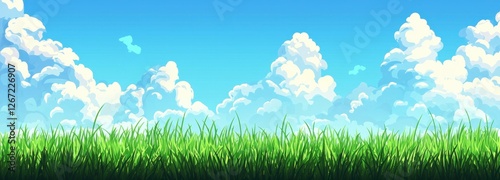 Bright blue sky with fluffy white clouds and lush green grass, representing a peaceful nature scene perfect for outdoor themes, relaxation, and serenity