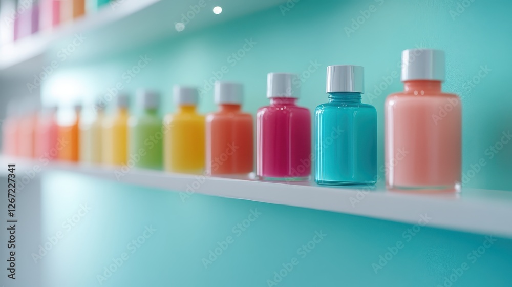 Vibrant bottles of nail polish arranged on a neatly organized shelf, showcasing a rainbow of colors that inspire creativity and express individual styles through fashion. Vibrant bottles of nail polish arranged on a neatly organized shelf, showcasing a rainbow of colors that inspire creativity and express individual styles through fashion.