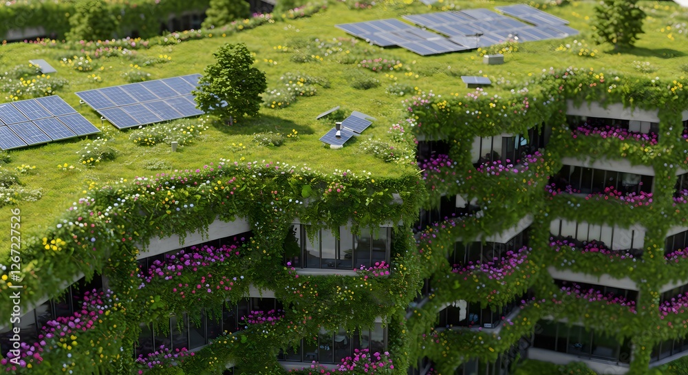 Green Roof with Solar Panels and Flowers: A Sustainable Architecture