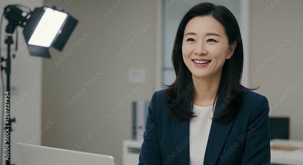 Professional Woman in Suit Smiling at Desk with Laptop in Office