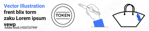 Hand holding a pen for writing, circular token emblem, and simple handbag icon with a blue tag. Ideal for branding, design, fashion, creative work, commerce promotions minimalism. Flat landing page