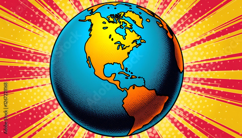 Colorful earth globe with vibrant rays in comic style