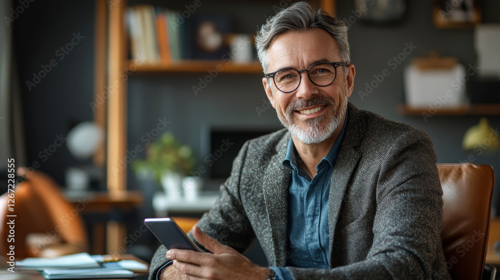 Professional Man With Glasses Smiles While Sitting at His Desk in a Modern Office During the Day Professional Man With Glasses Smiles While Sitting at His Desk in a Modern Office During the Day